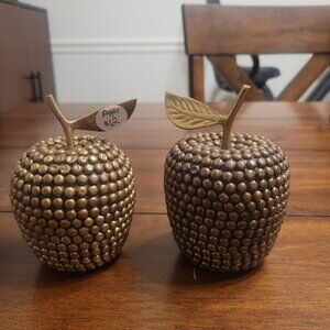 2 Brass Beaded Studded Dotted Apple Decoration, Paperweight, Stem and Leaf